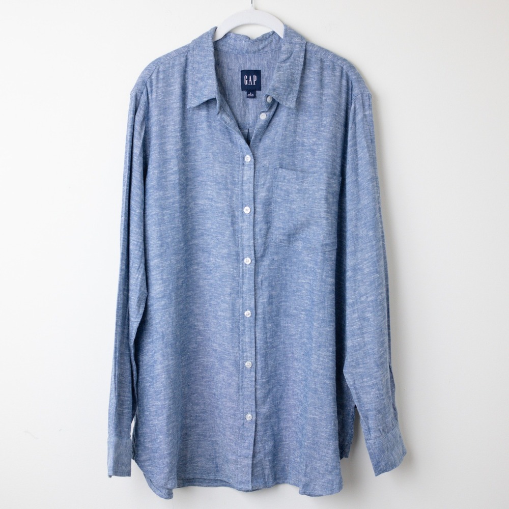 GAP Linen Blend Button Down Shirt Women Size L Blue Long Sleeve Casual QLT7143S